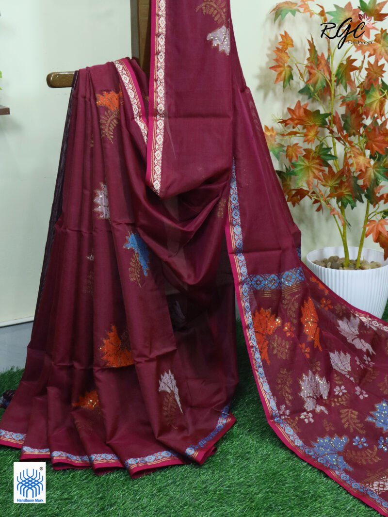Beetroot Bengal Katan Silk Sequence Work Jamdani Saree - Image 3