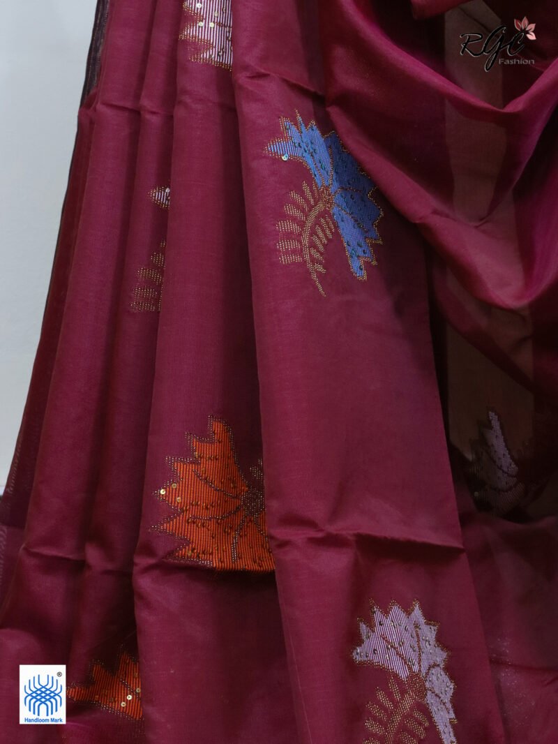 Beetroot Bengal Katan Silk Sequence Work Jamdani Saree - Image 4