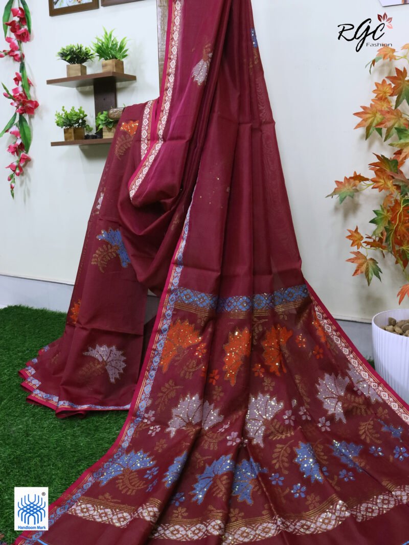 Beetroot Bengal Katan Silk Sequence Work Jamdani Saree - Image 5