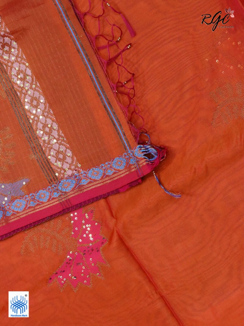 Orange Bengal Katan Silk Sequence Work Jamdani Saree - Image 9