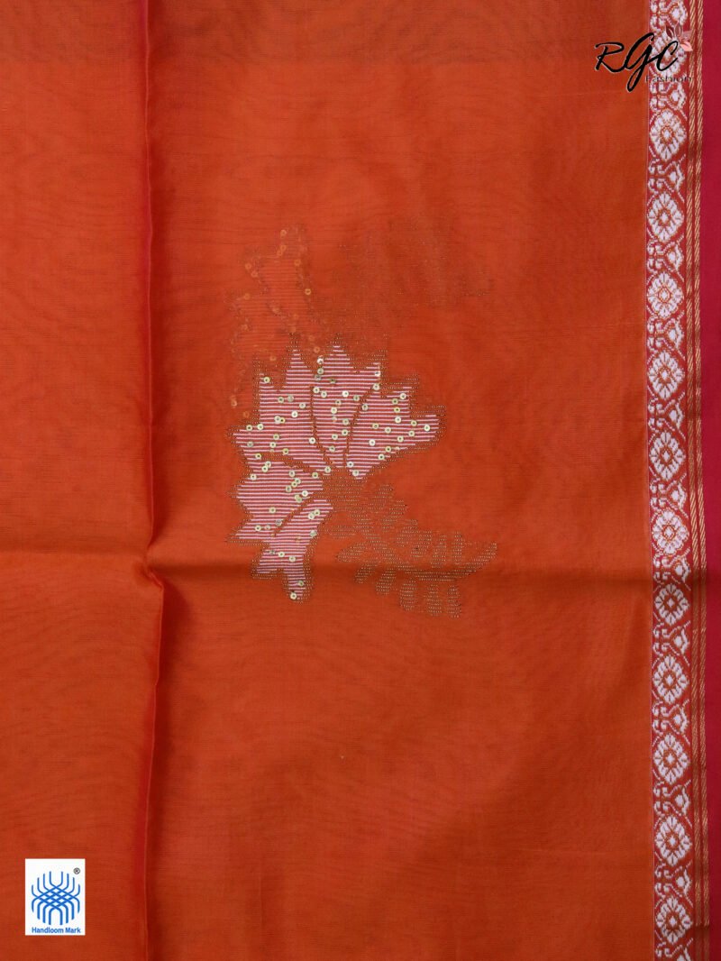 Orange Bengal Katan Silk Sequence Work Jamdani Saree - Image 8