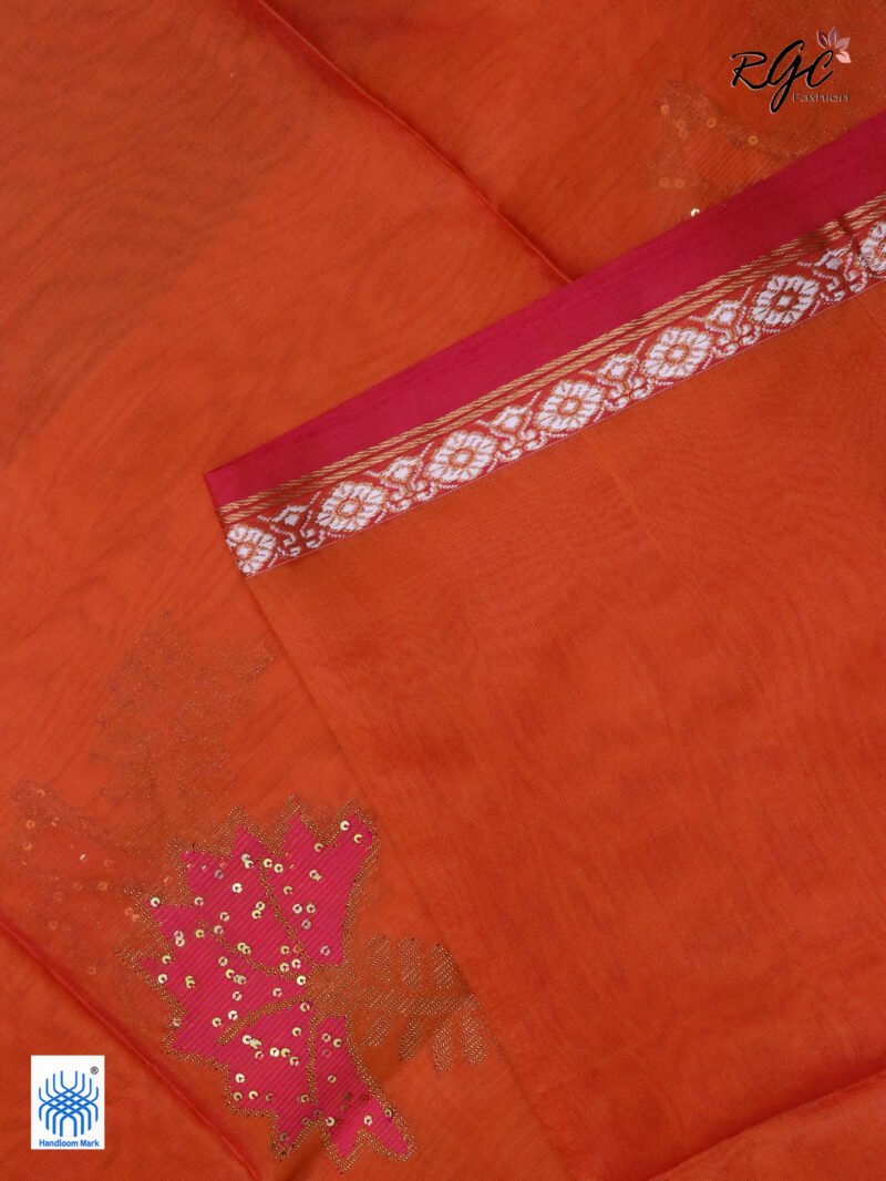 Orange Bengal Katan Silk Sequence Work Jamdani Saree - Image 7