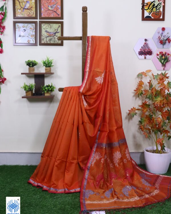 Orange Bengal Katan Silk Sequence Work Jamdani Saree