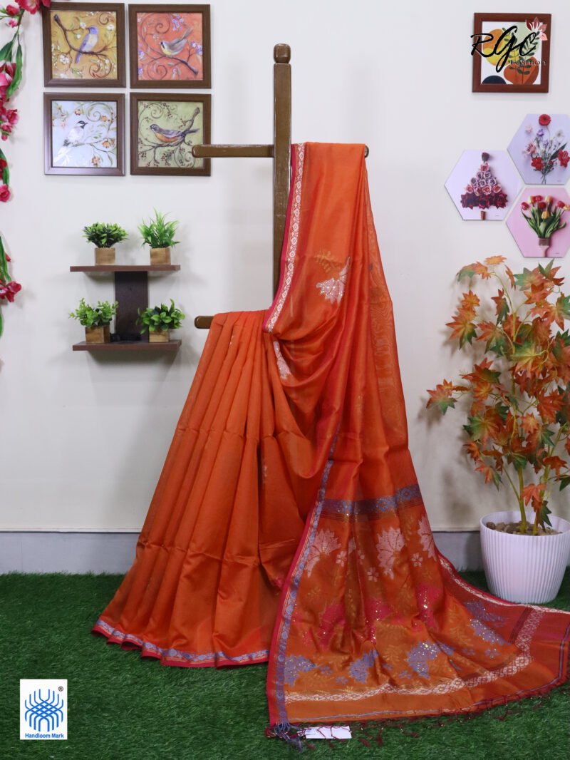 Orange Bengal Katan Silk Sequence Work Jamdani Saree