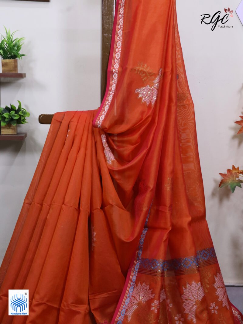 Orange Bengal Katan Silk Sequence Work Jamdani Saree - Image 5