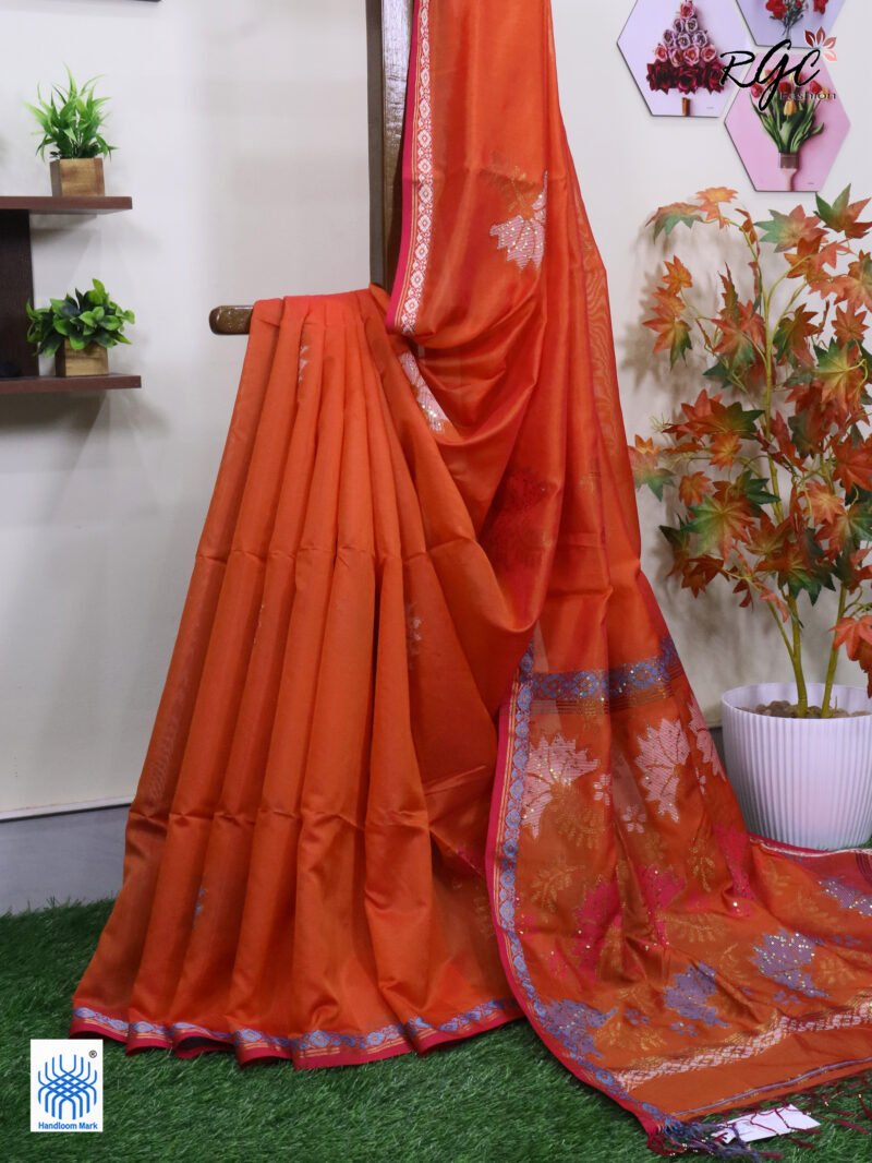 Orange Bengal Katan Silk Sequence Work Jamdani Saree - Image 4