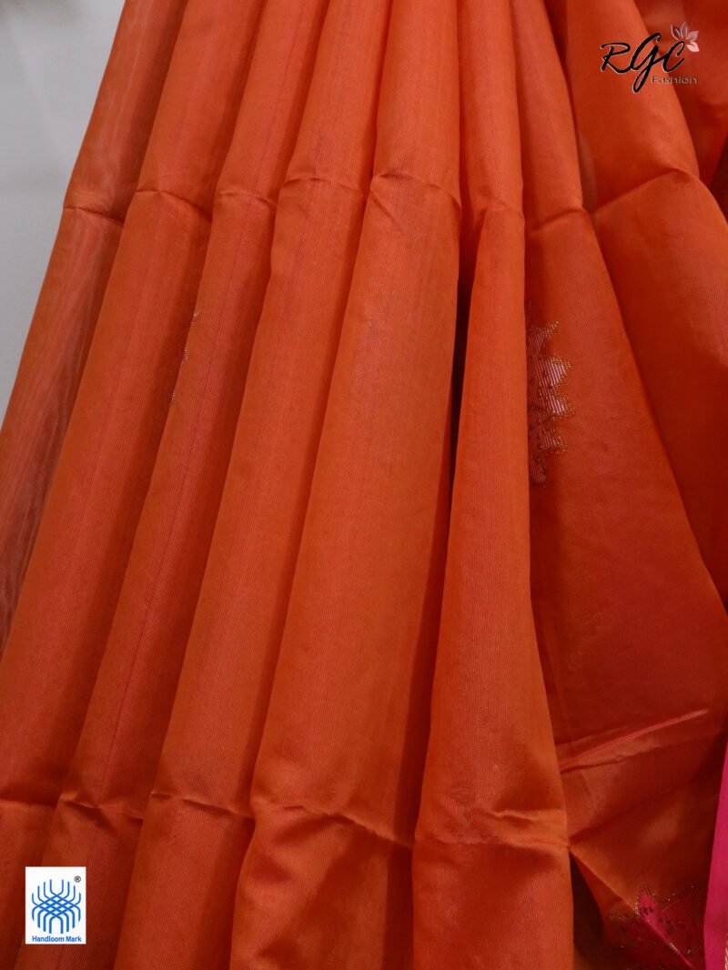 Orange Bengal Katan Silk Sequence Work Jamdani Saree - Image 3