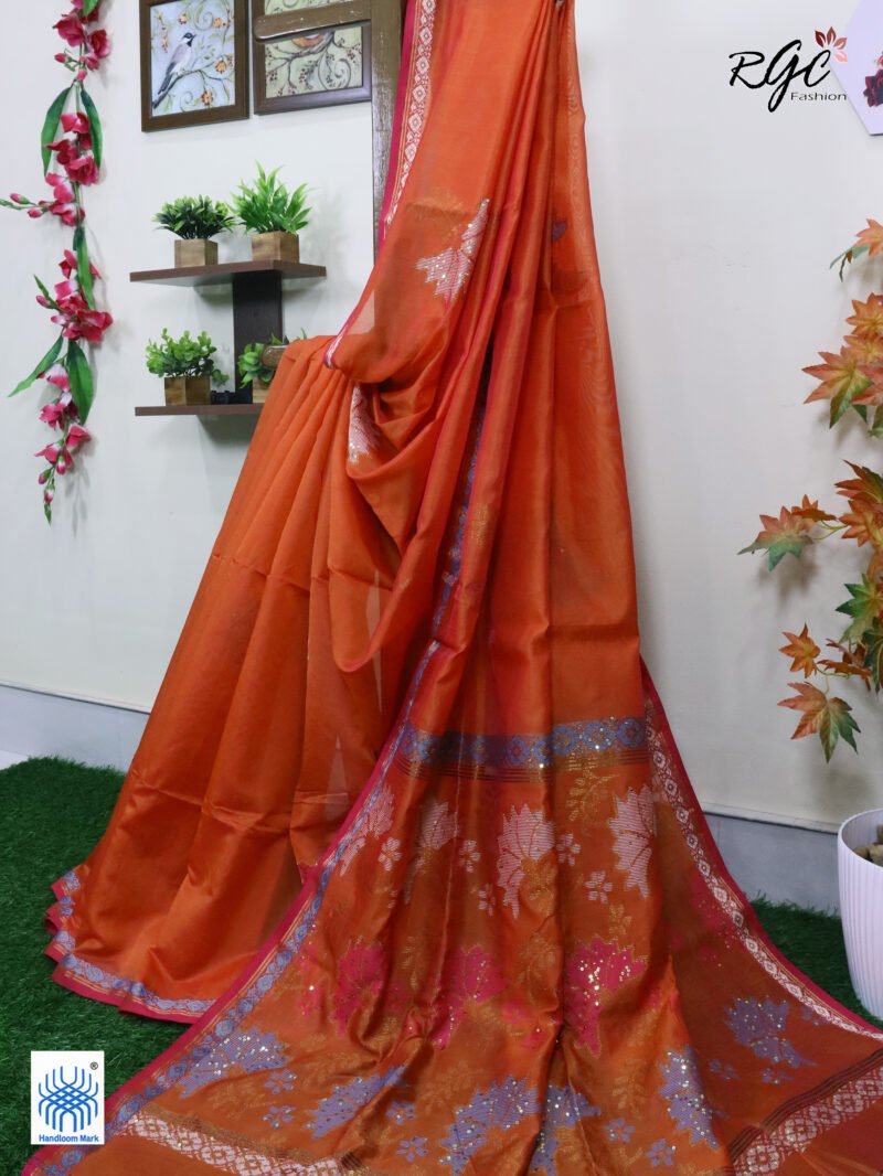 Orange Bengal Katan Silk Sequence Work Jamdani Saree - Image 2