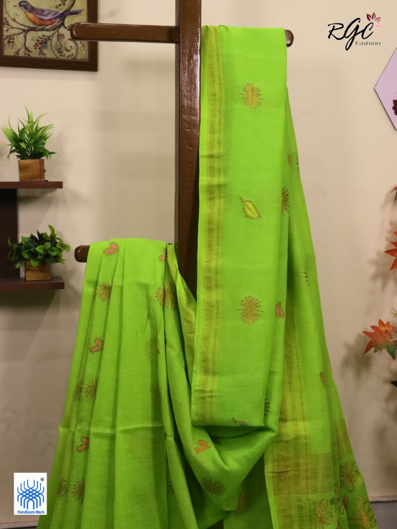 Neon Green Organic Linen Jamdani Saree - Image 2