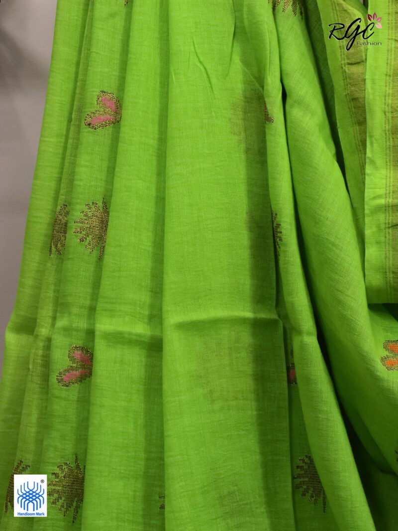 Neon Green Organic Linen Jamdani Saree - Image 3