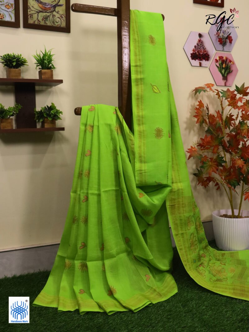 Neon Green Organic Linen Jamdani Saree - Image 4