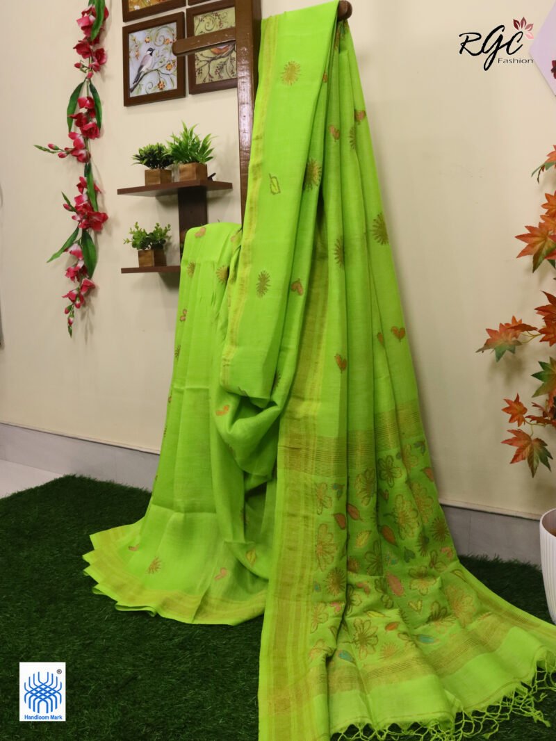 Neon Green Organic Linen Jamdani Saree - Image 5
