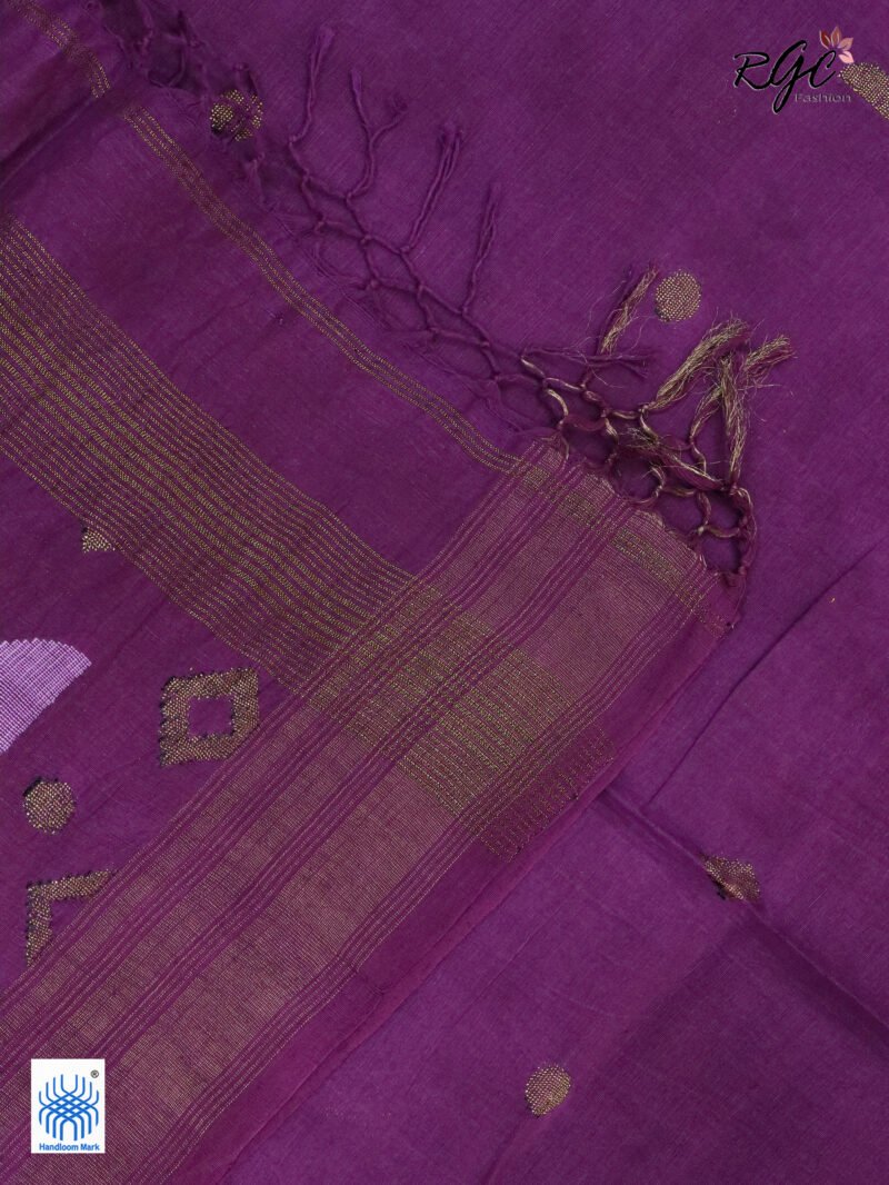 Purple Geomatric Design Organic Linen Jamdani Saree - Image 7