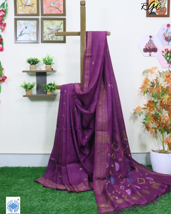 Purple Geomatric Design Organic Linen Jamdani Saree