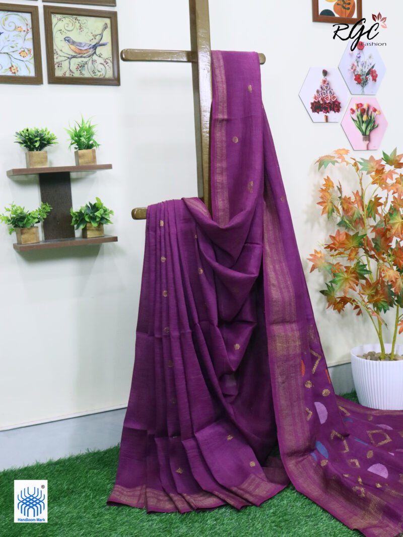 Purple Geomatric Design Organic Linen Jamdani Saree - Image 2