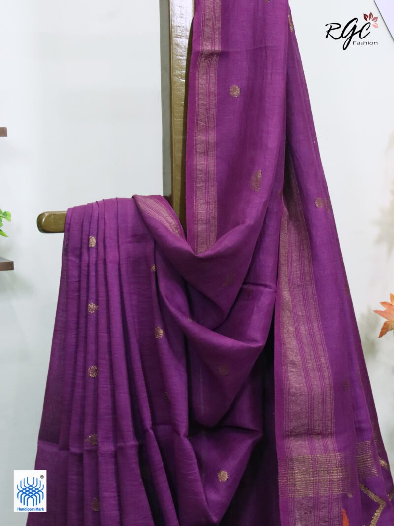 Purple Geomatric Design Organic Linen Jamdani Saree - Image 3