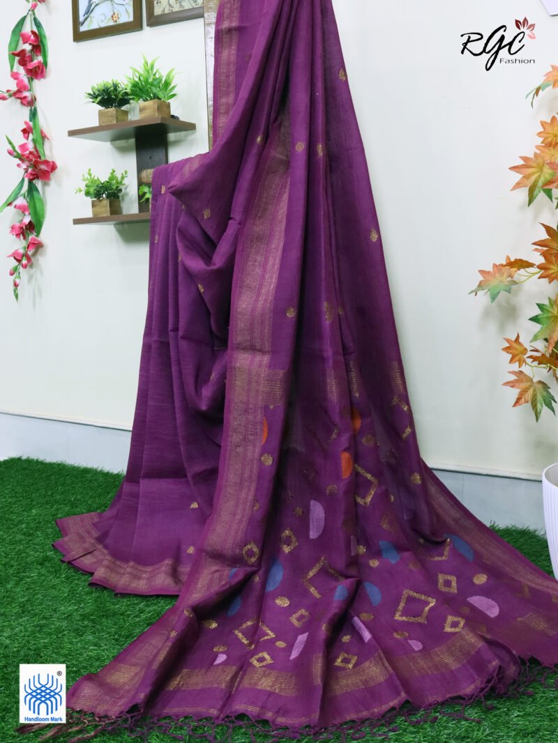 Purple Geomatric Design Organic Linen Jamdani Saree - Image 5
