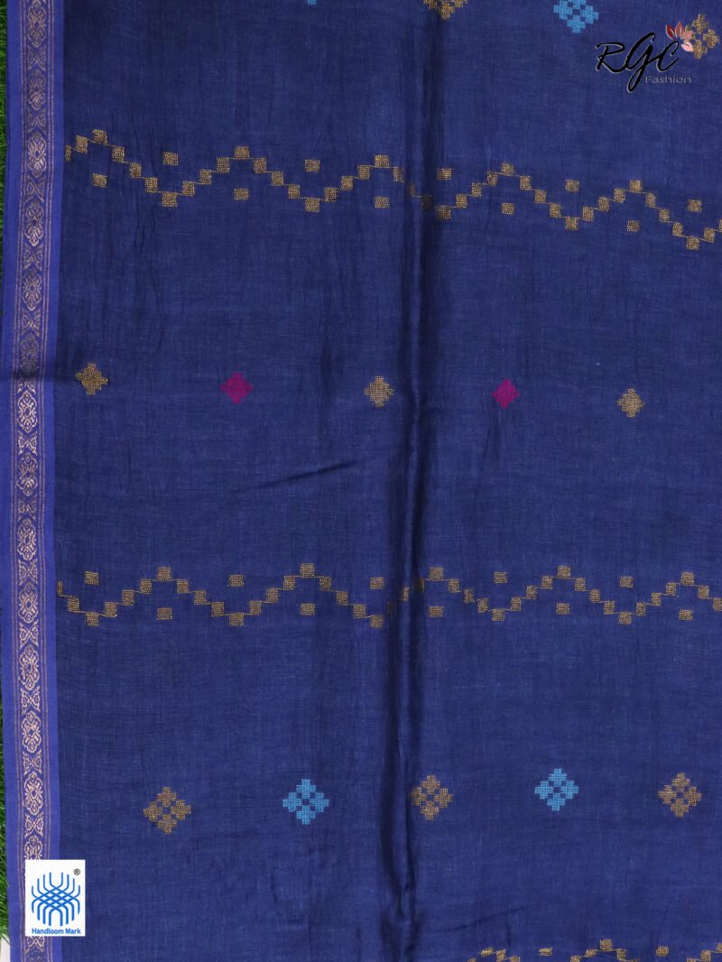 Blue Geomatric Design Organic Linen Jamdani Saree - Image 10