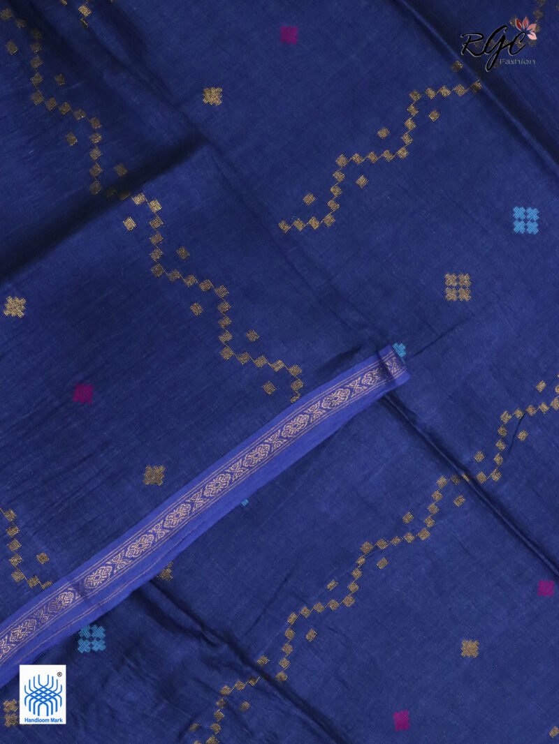 Blue Geomatric Design Organic Linen Jamdani Saree - Image 9