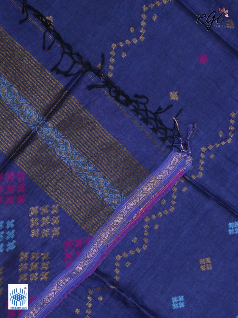 Blue Geomatric Design Organic Linen Jamdani Saree - Image 8