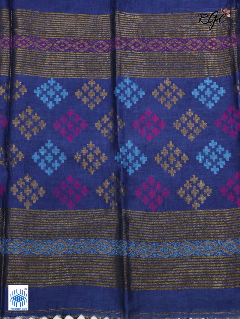 Blue Geomatric Design Organic Linen Jamdani Saree - Image 7