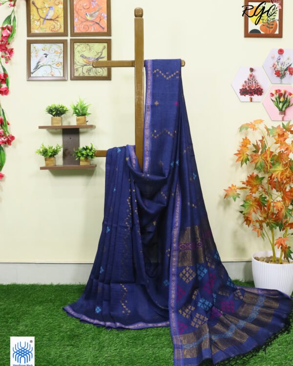 Blue Geomatric Design Organic Linen Jamdani Saree