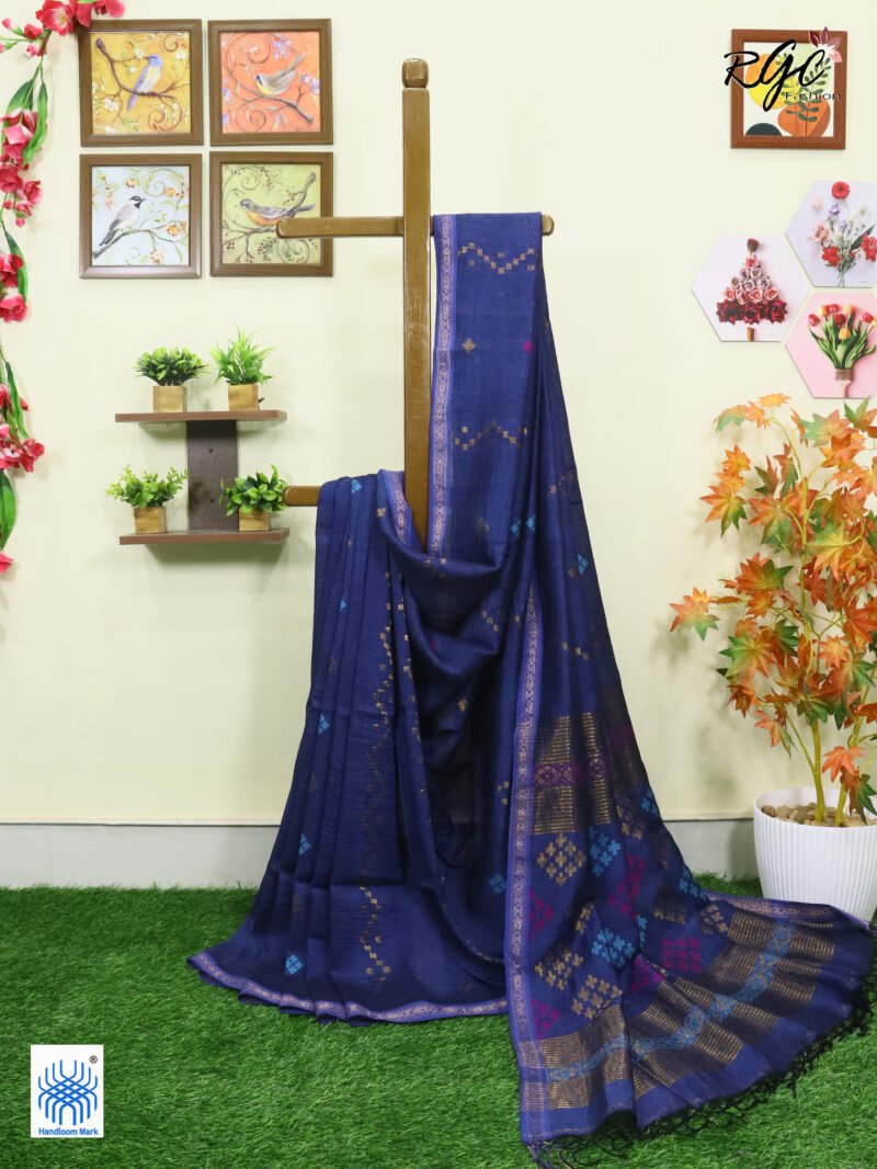 Blue Geomatric Design Organic Linen Jamdani Saree