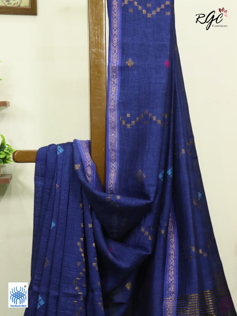 Blue Geomatric Design Organic Linen Jamdani Saree - Image 2