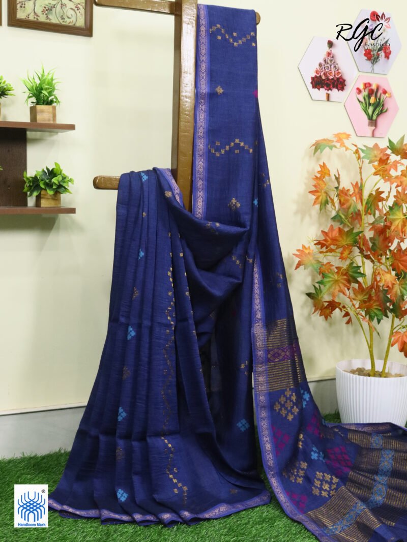 Blue Geomatric Design Organic Linen Jamdani Saree - Image 3