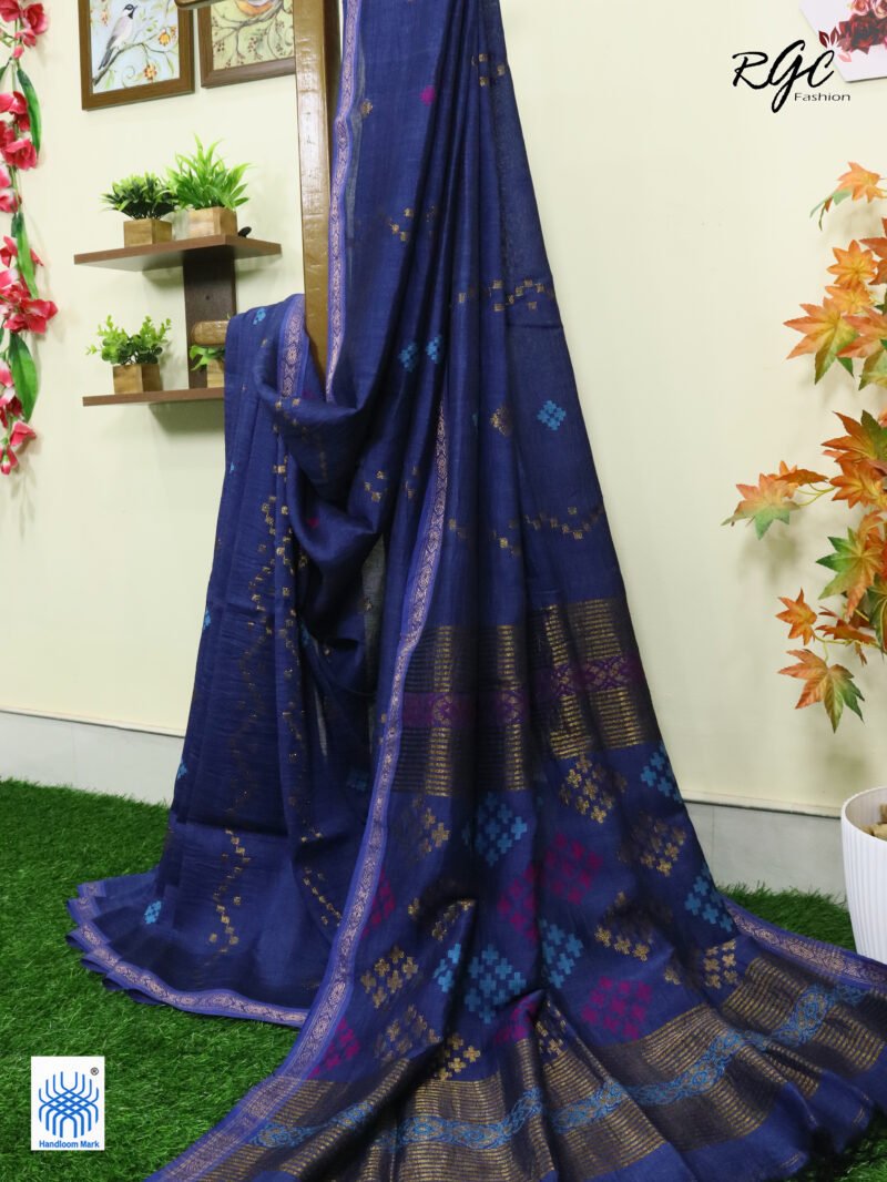Blue Geomatric Design Organic Linen Jamdani Saree - Image 5