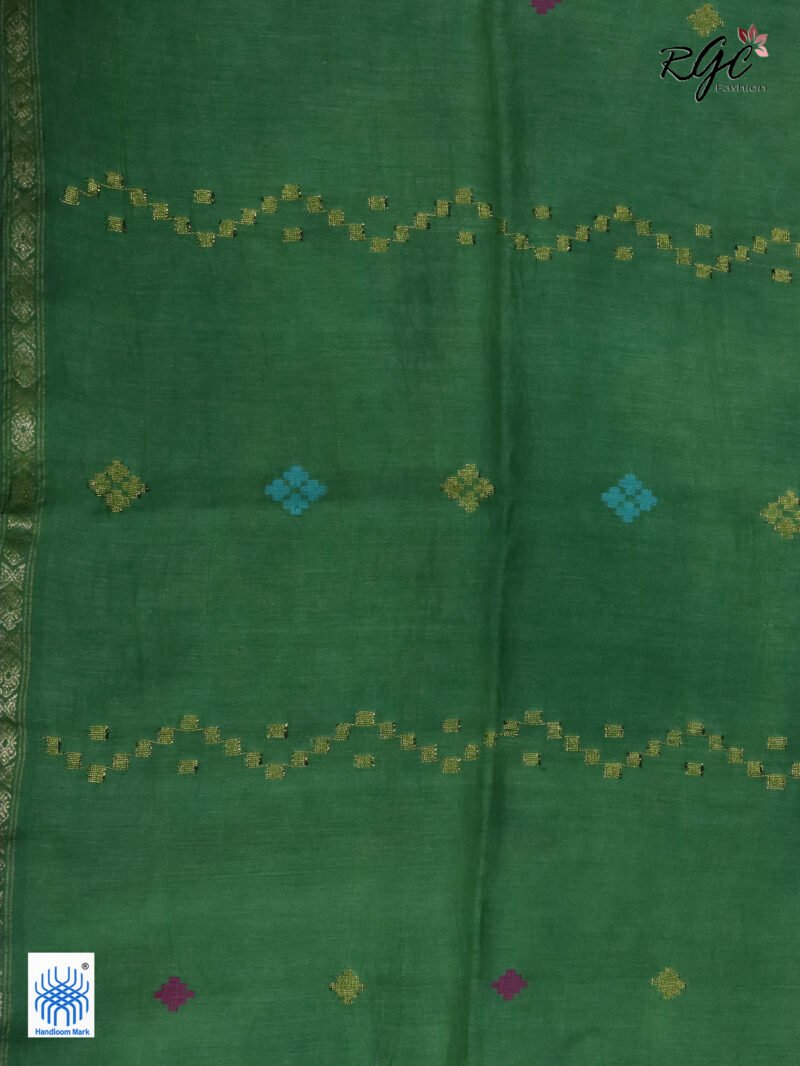 Deep Pista Green Geomatric Design Organic Linen Jamdani Saree - Image 10