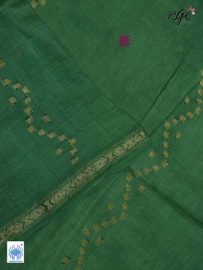 Deep Pista Green Geomatric Design Organic Linen Jamdani Saree - Image 9
