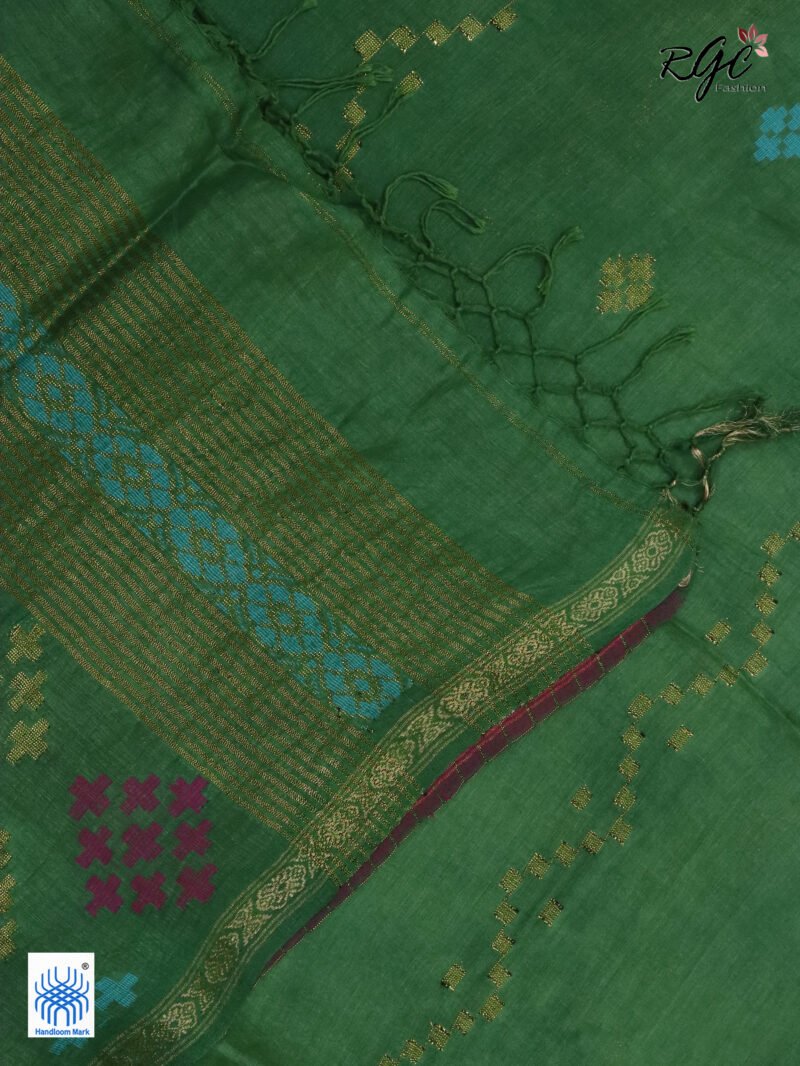 Deep Pista Green Geomatric Design Organic Linen Jamdani Saree - Image 8