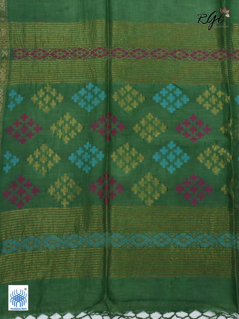 Deep Pista Green Geomatric Design Organic Linen Jamdani Saree - Image 7