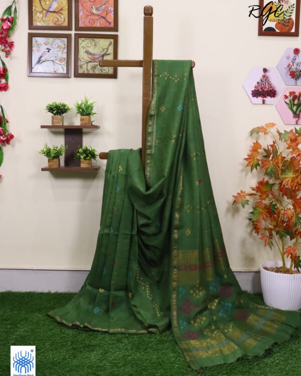 Deep Pista Green Geomatric Design Organic Linen Jamdani Saree
