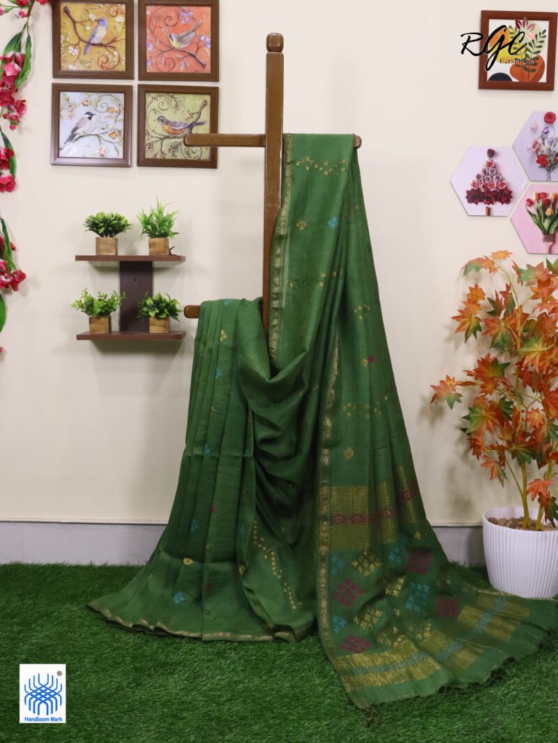 Deep Pista Green Geomatric Design Organic Linen Jamdani Saree
