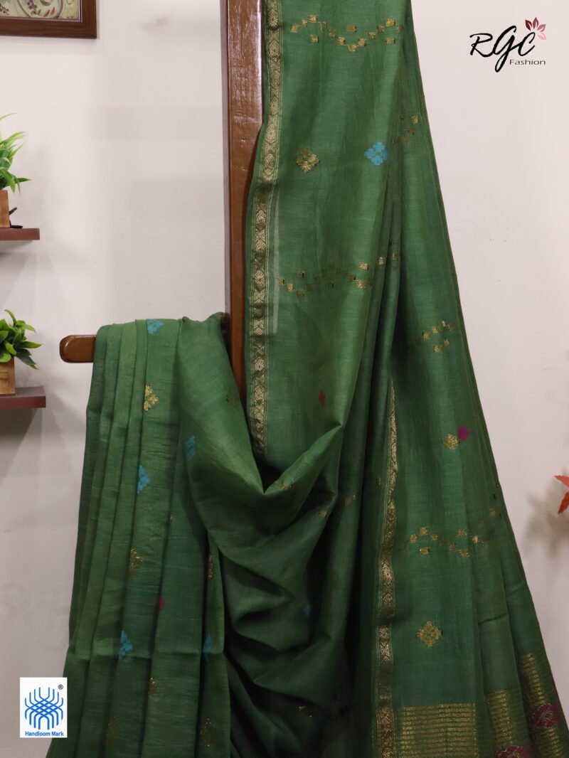 Deep Pista Green Geomatric Design Organic Linen Jamdani Saree - Image 2
