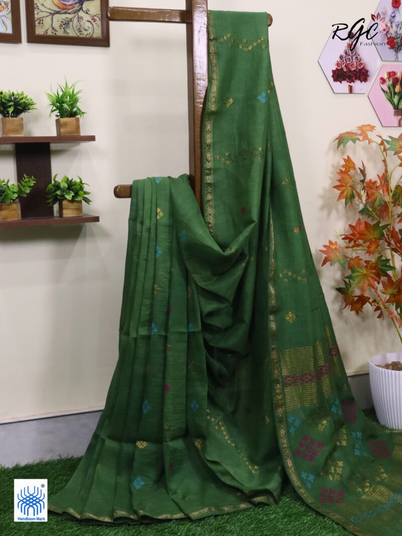 Deep Pista Green Geomatric Design Organic Linen Jamdani Saree - Image 3