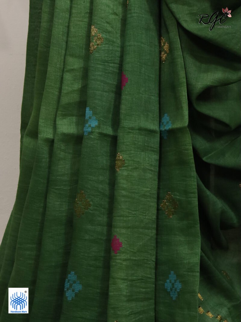Deep Pista Green Geomatric Design Organic Linen Jamdani Saree - Image 4