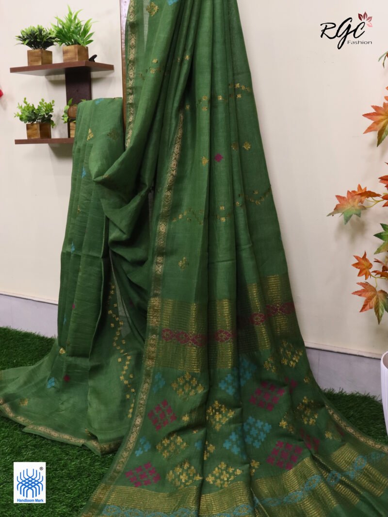 Deep Pista Green Geomatric Design Organic Linen Jamdani Saree - Image 5