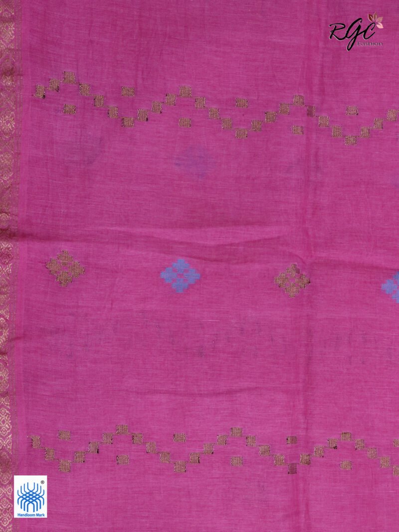 Pink Geomatric Design Organic Linen Jamdani Saree - Image 10