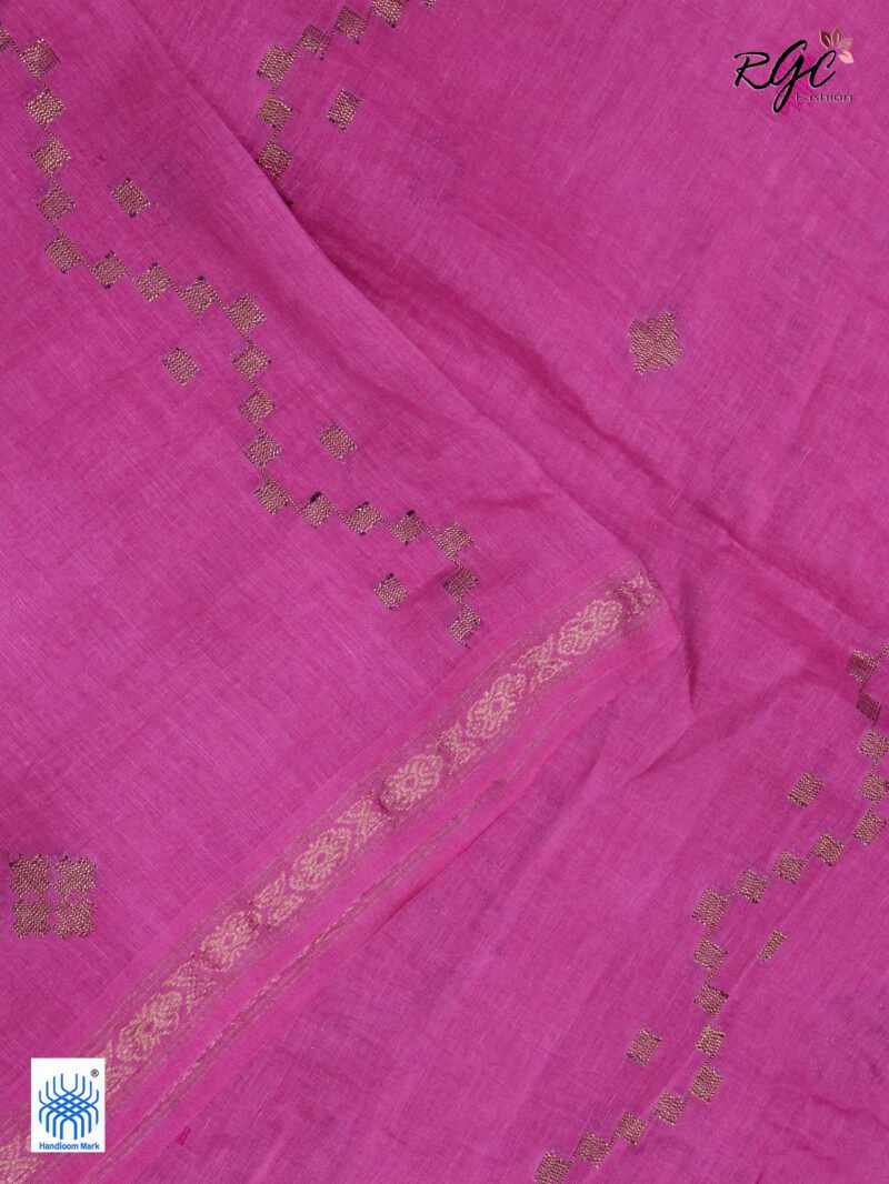 Pink Geomatric Design Organic Linen Jamdani Saree - Image 9