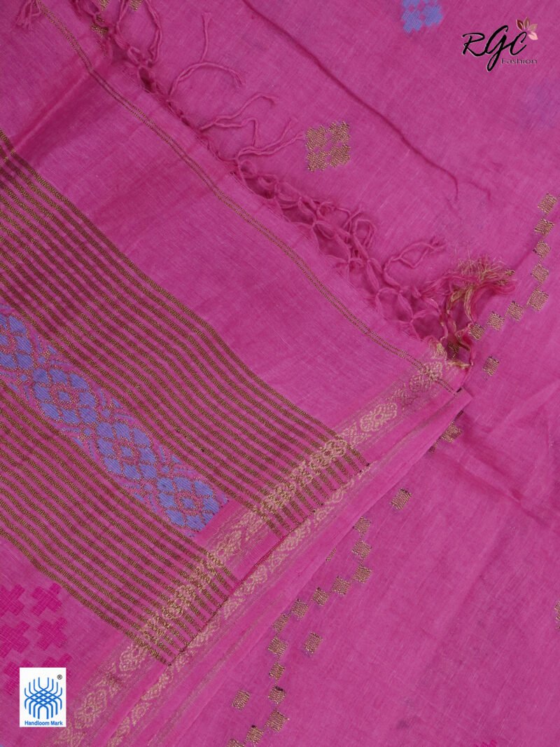 Pink Geomatric Design Organic Linen Jamdani Saree - Image 8