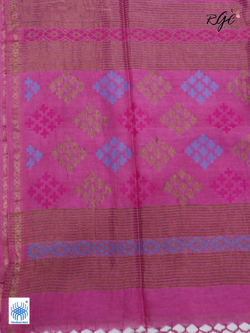 Pink Geomatric Design Organic Linen Jamdani Saree - Image 7
