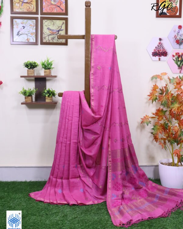 Pink Geomatric Design Organic Linen Jamdani Saree