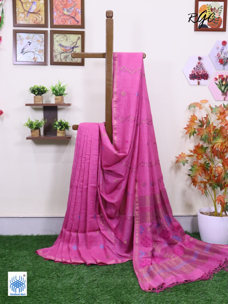 Pink Geomatric Design Organic Linen Jamdani Saree