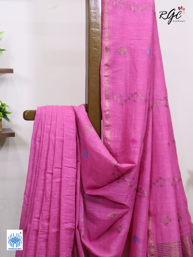 Pink Geomatric Design Organic Linen Jamdani Saree - Image 2