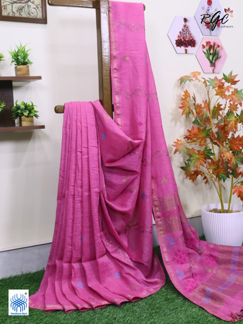 Pink Geomatric Design Organic Linen Jamdani Saree - Image 3