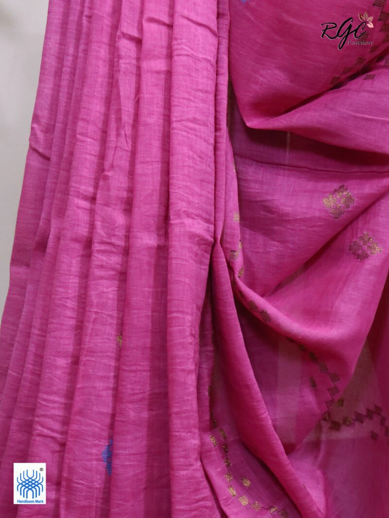 Pink Geomatric Design Organic Linen Jamdani Saree - Image 4
