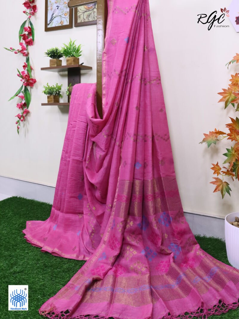 Pink Geomatric Design Organic Linen Jamdani Saree - Image 5